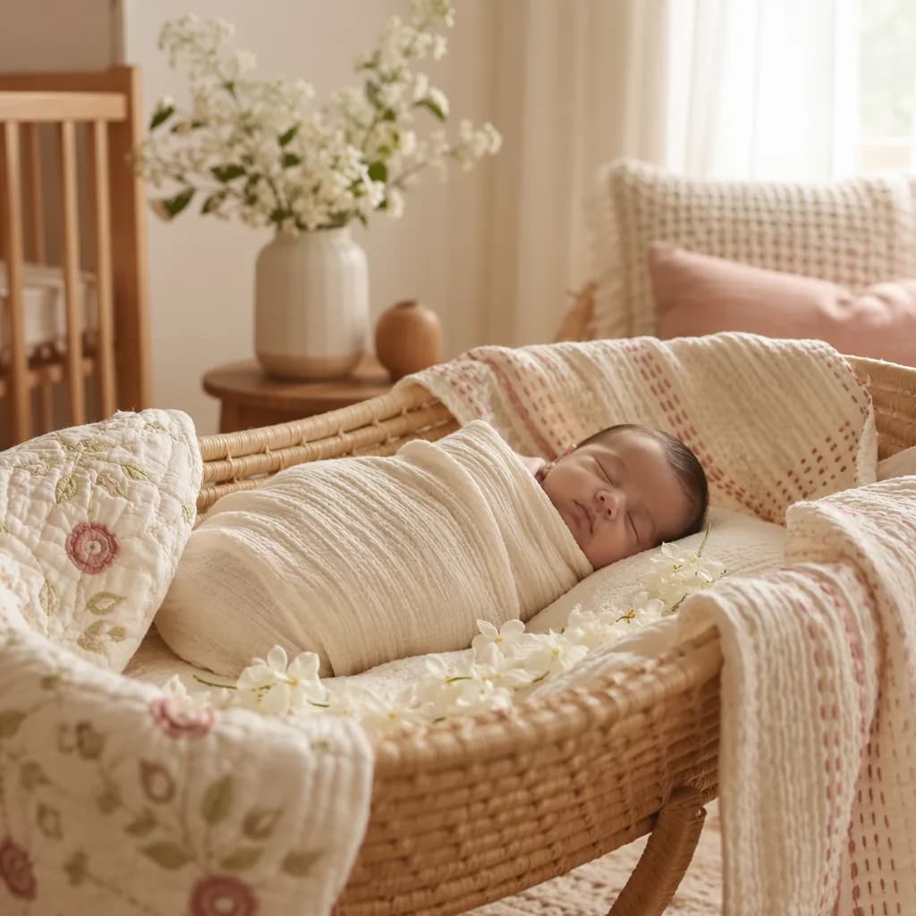 A peaceful Bengali newborn in a soft pastel nursery with jasmine flowers and gentle natural light.