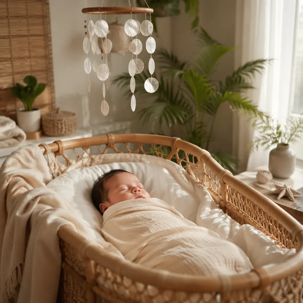A sleeping newborn in a soft pastel nursery with Filipino-inspired woven details and gentle natural light.