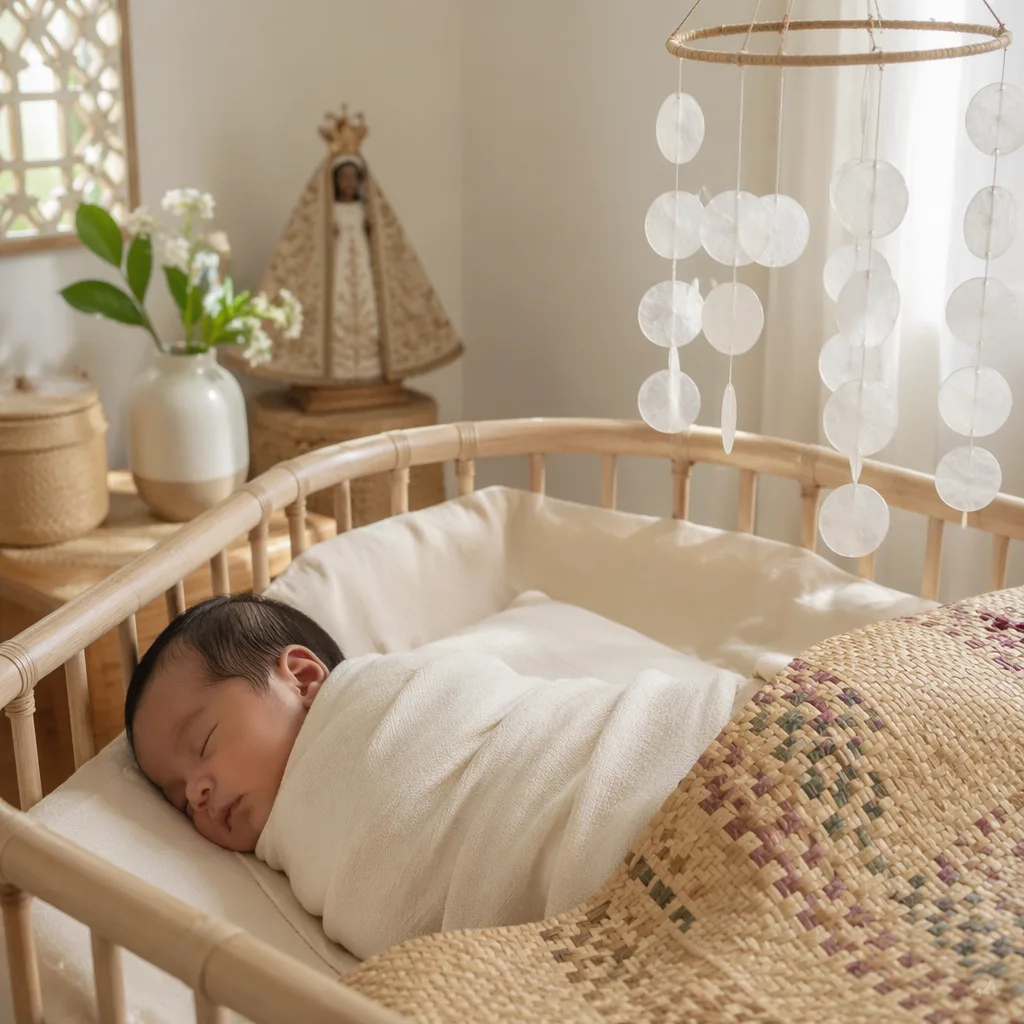 A peaceful Filipino baby in a pastel nursery with capiz shells and sampaguita flowers.