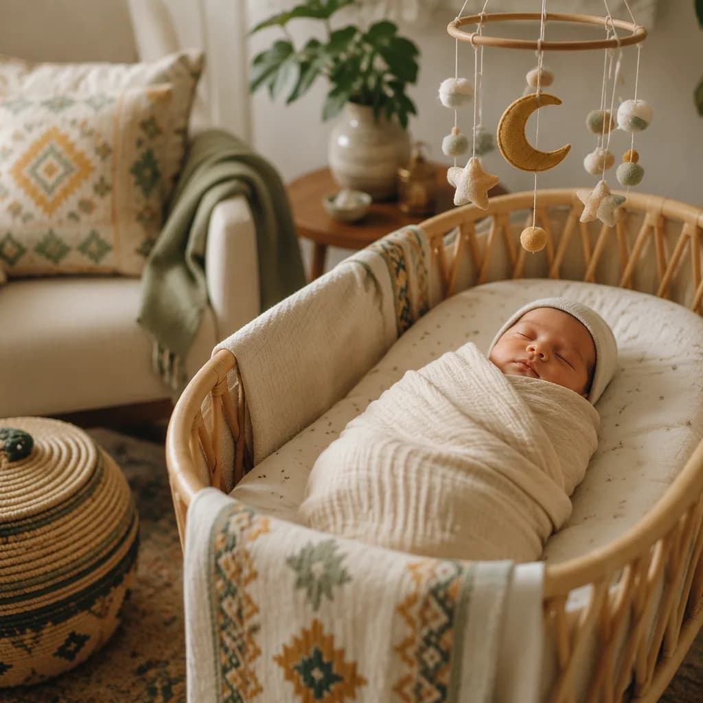 A peaceful newborn in a cozy pastel nursery with subtle Sindhi-inspired decor.