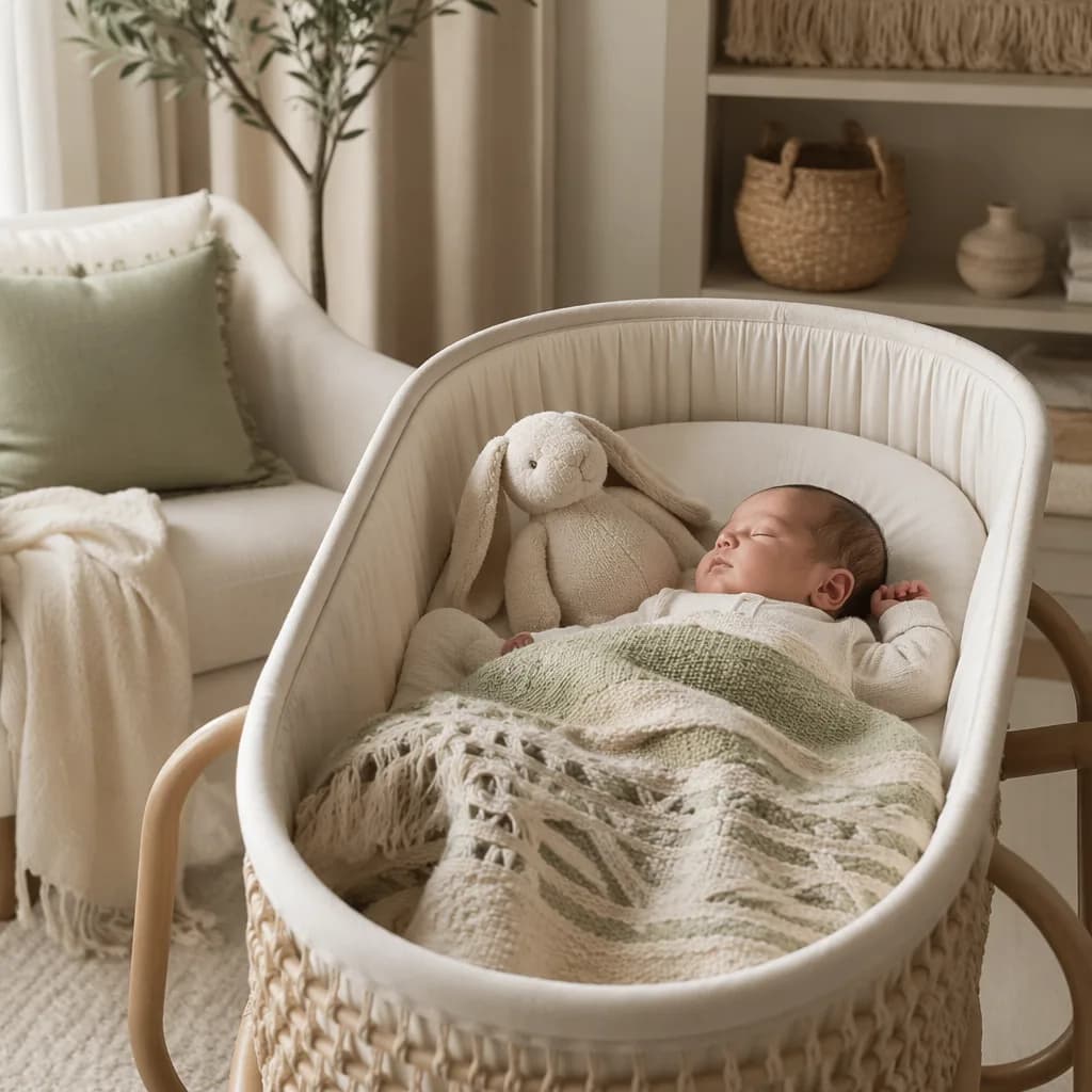 Peaceful newborn in a cozy pastel nursery with a plush companion toy.