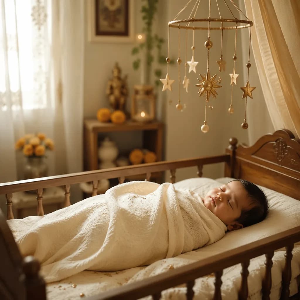 Sleeping swaddled baby in a softly lit nursery with a gentle star mobile and warm pastel accents.