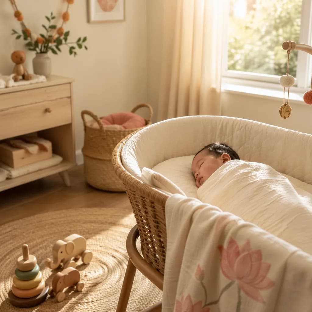 A peaceful pastel nursery with a swaddled baby in soft morning light and subtle Indian-inspired details.