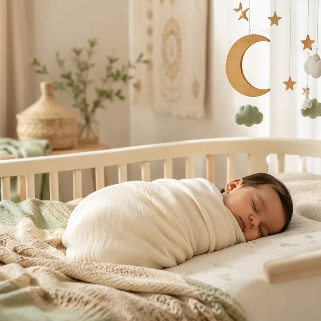 A softly lit pastel nursery with a swaddled sleeping baby and gentle moon-inspired decor.