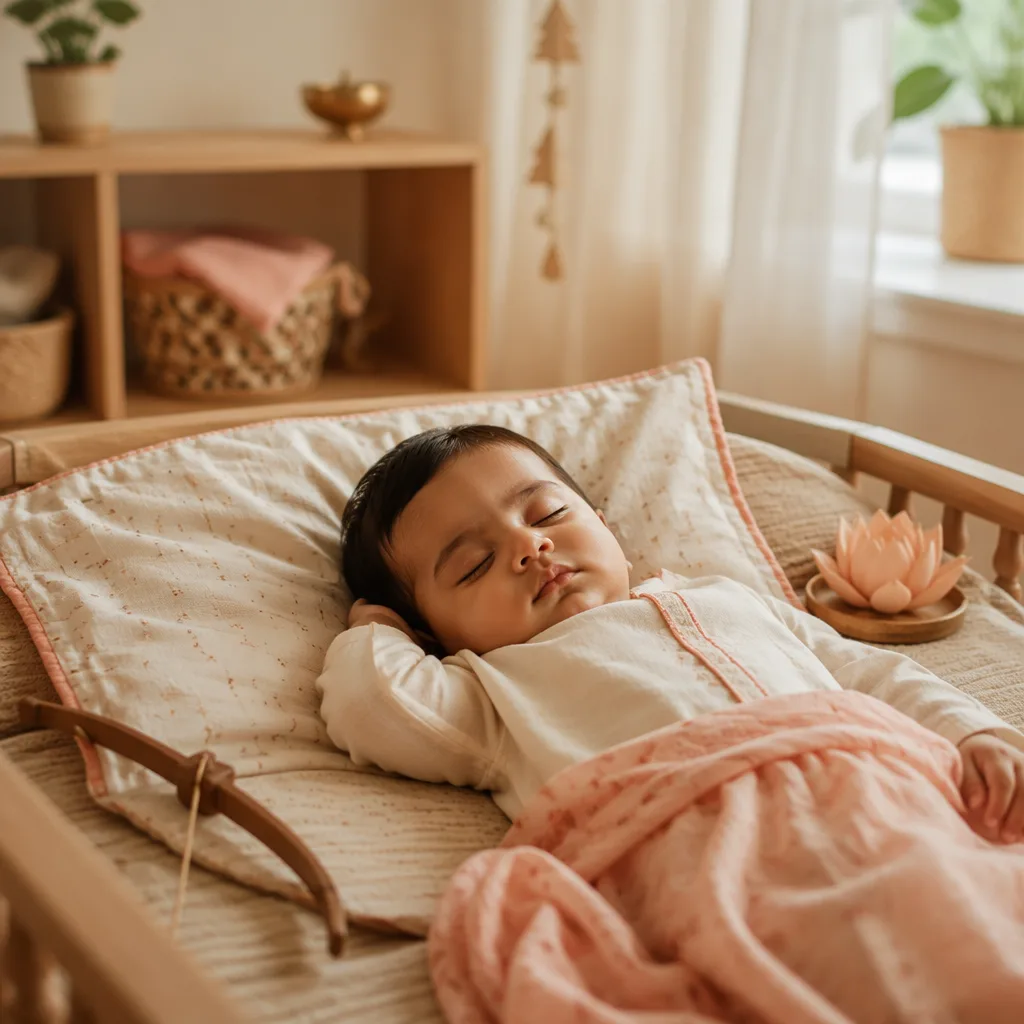 Sleeping baby in a soft pastel nursery with subtle Indian-inspired decor.