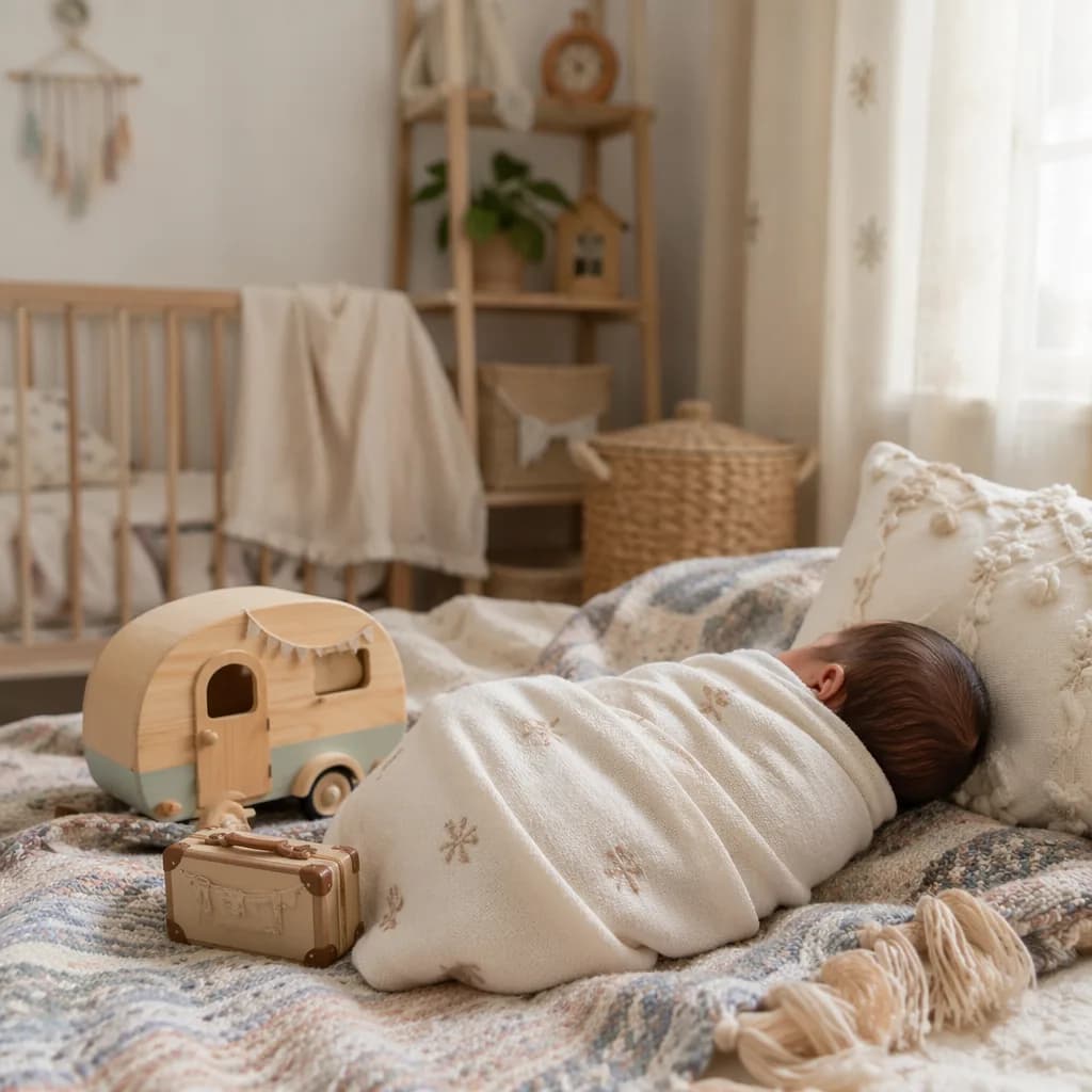 A softly lit nursery scene with a swaddled newborn and gentle travel-themed baby keepsakes.