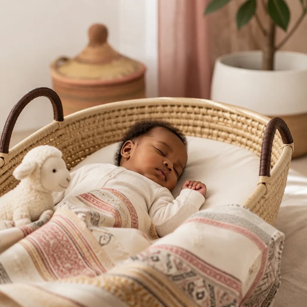 Ethiopian baby resting in a cozy nursery with a plush lamb and soft pastel light
