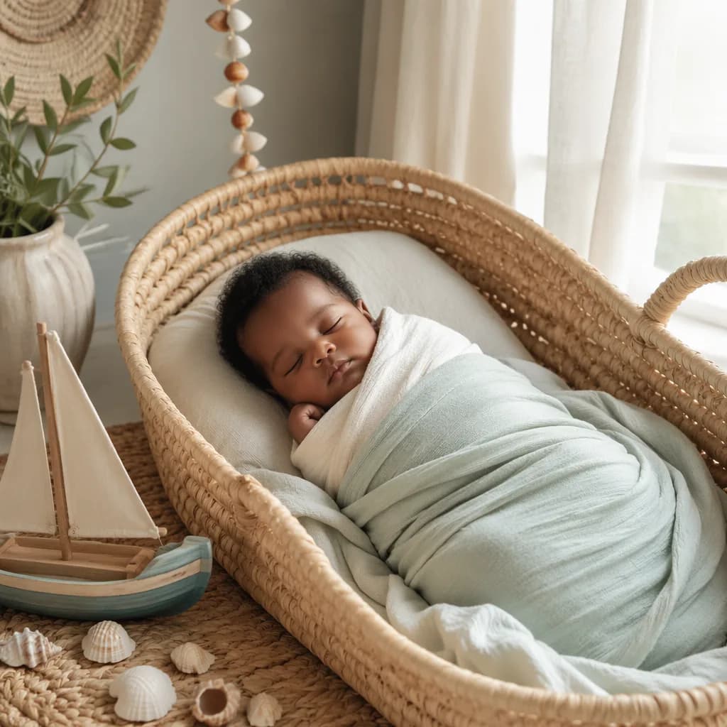 Sleeping baby in a soft coastal nursery with a small wooden boat and woven accents.