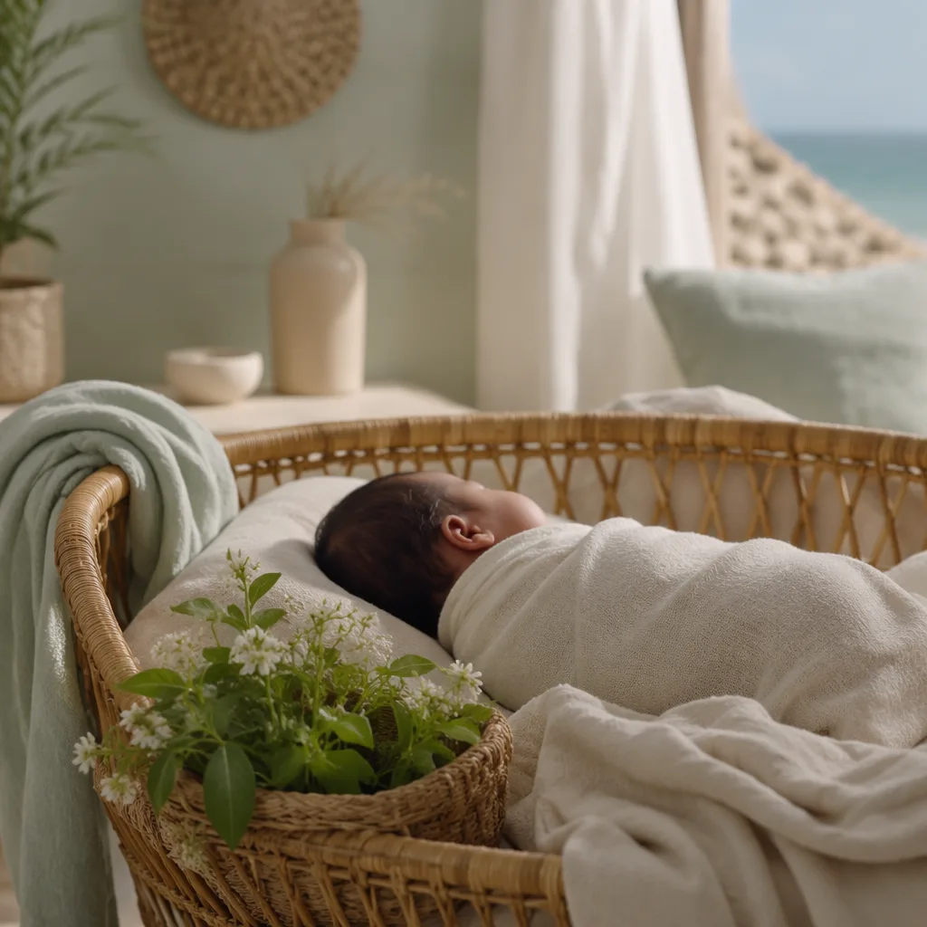 A softly lit cozy nursery with a swaddled baby and fragrant greenery in a woven basket.
