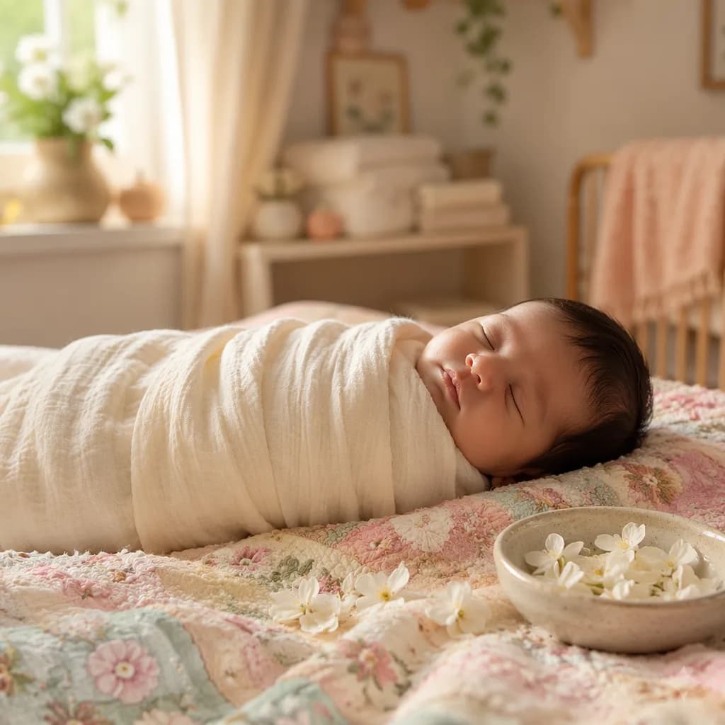 Sleeping Bengali newborn in a soft pastel nursery with a kantha quilt and jasmine flowers