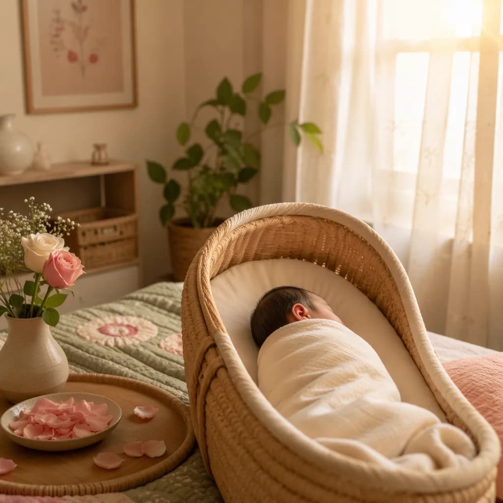 Soft pastel Bengali nursery with a swaddled sleeping baby, rose petals, and warm morning light.