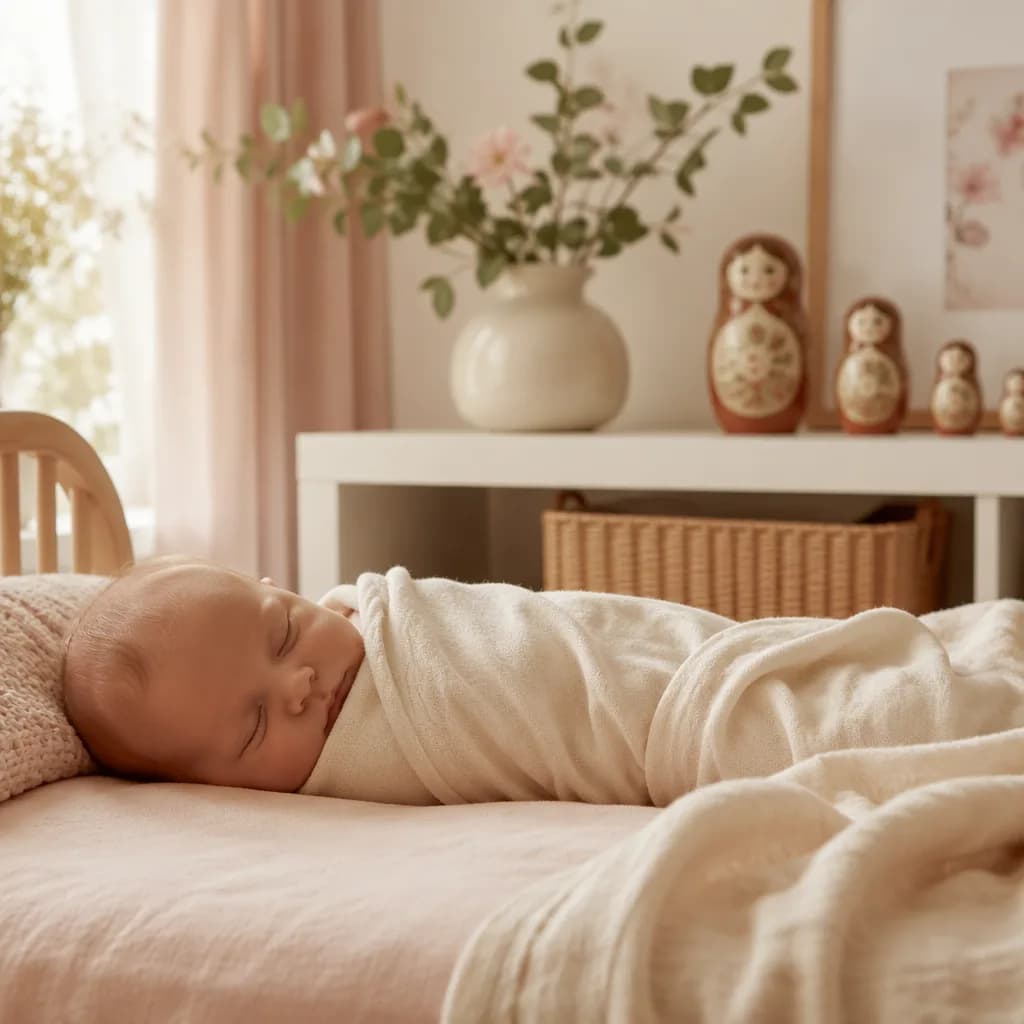 Sleeping baby in a warm pastel Russian-inspired nursery with soft rose accents.