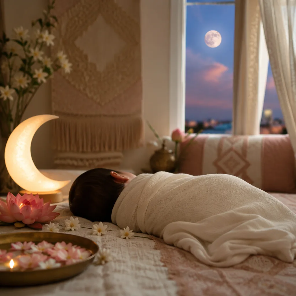 Sleeping baby in a soft Bengali-inspired nursery with moonlight and pastel floral accents.