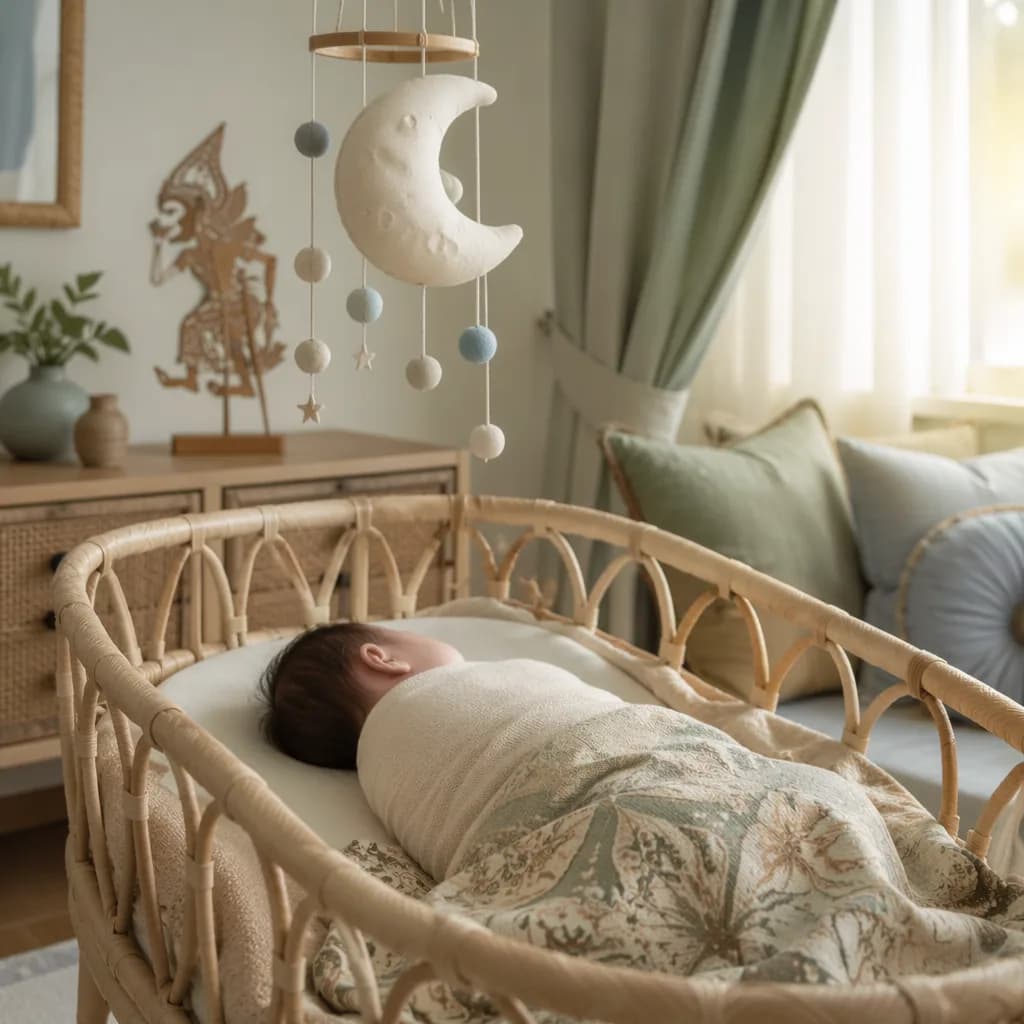 Sleeping baby in a soft Indonesian-inspired nursery with moon and rattan details.