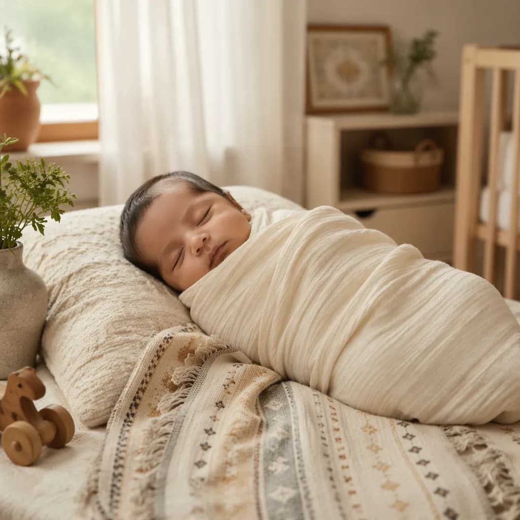 Sleeping Bengali baby in a soft pastel nursery with warm natural light.