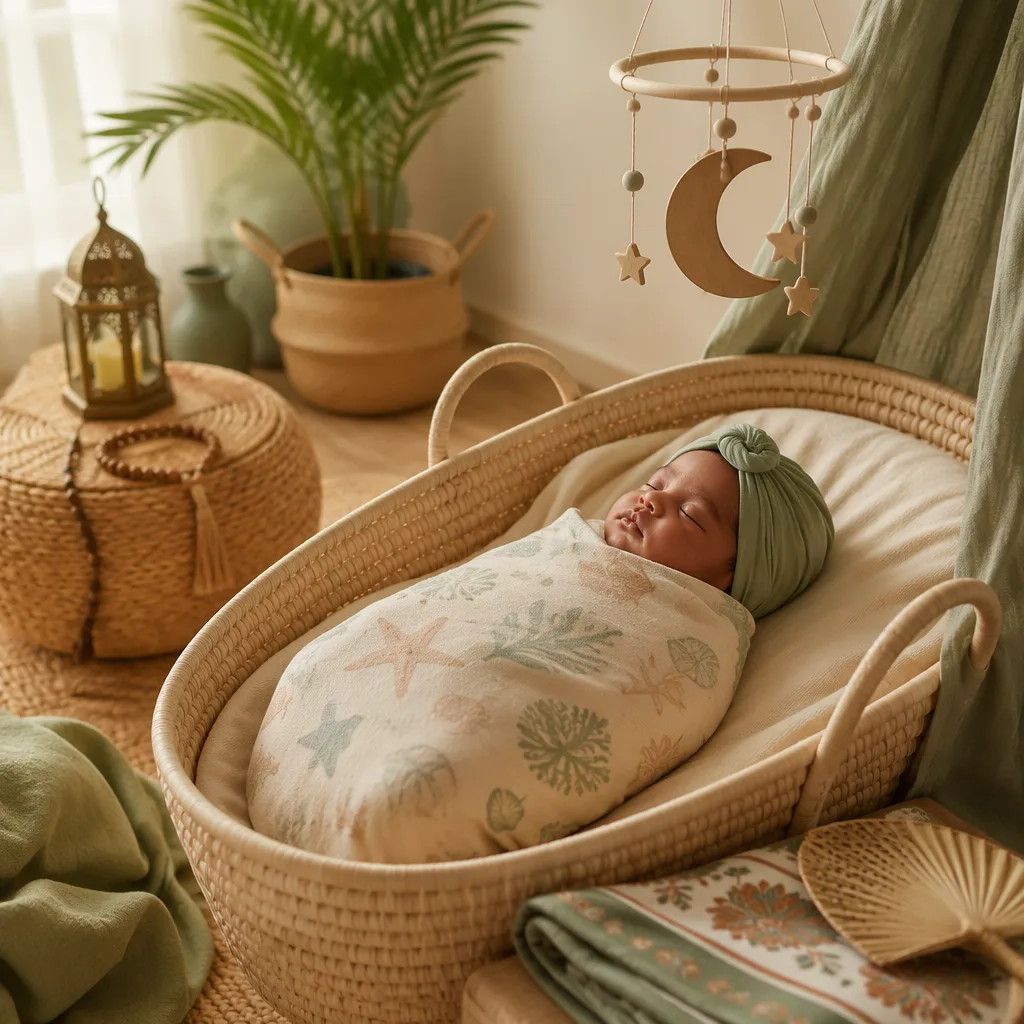 A peaceful swaddled newborn in a pastel nursery with Swahili-inspired details and a crescent moon mobile.