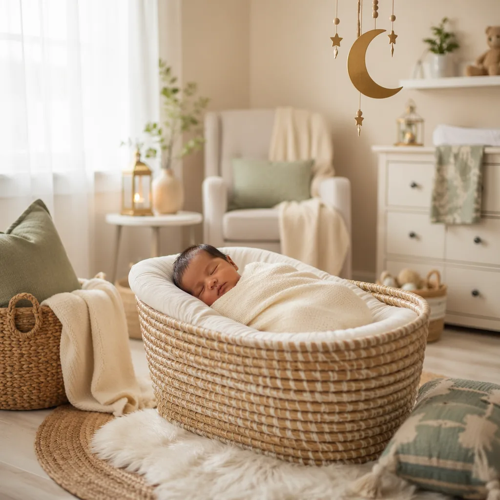 Sleeping swaddled baby in a warm pastel nursery with a crescent moon mobile.