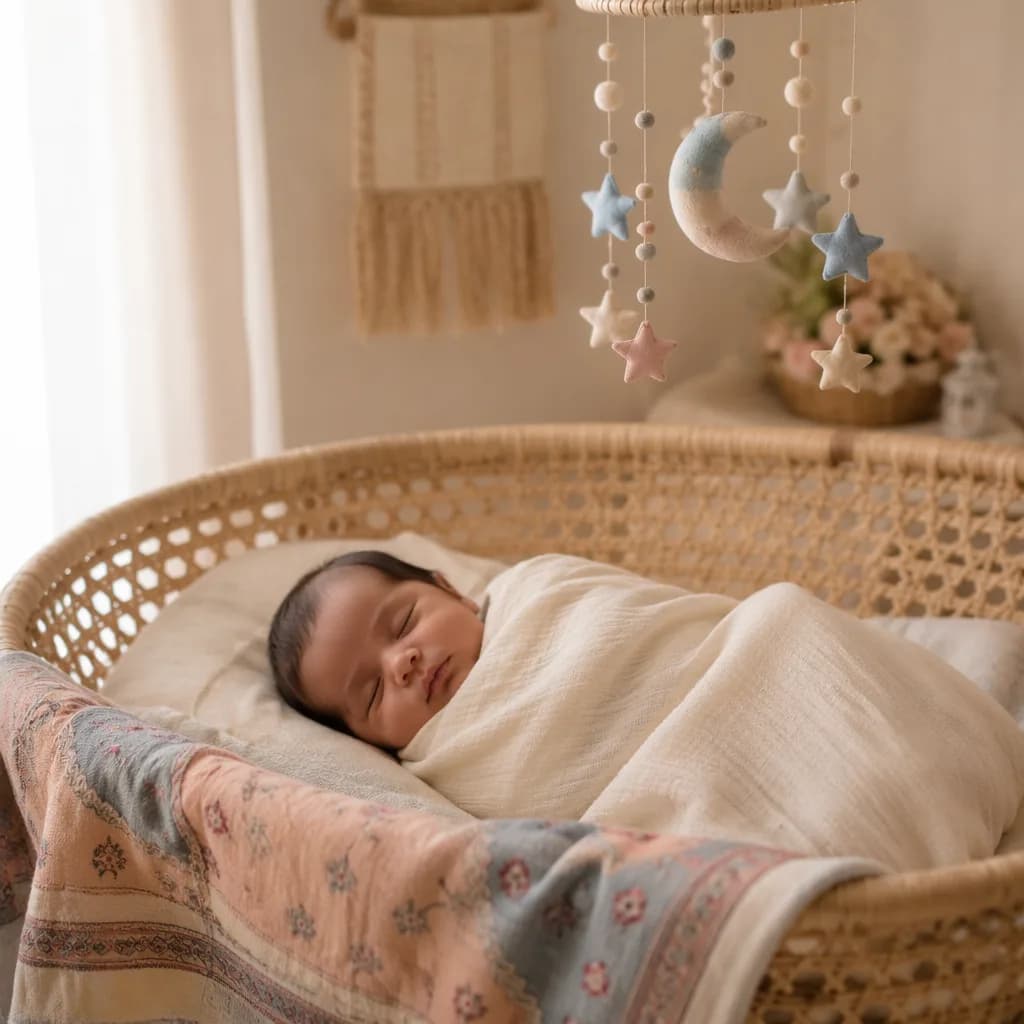 Sleeping newborn in a soft pastel Urdu-inspired nursery with moon and star accents