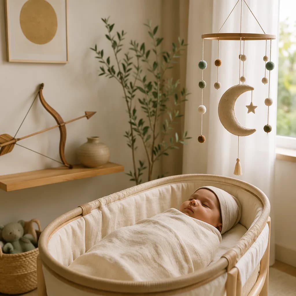 A serene pastel nursery with a swaddled sleeping baby, crescent mobile, and small wooden bow symbolizing Rami Ayman.