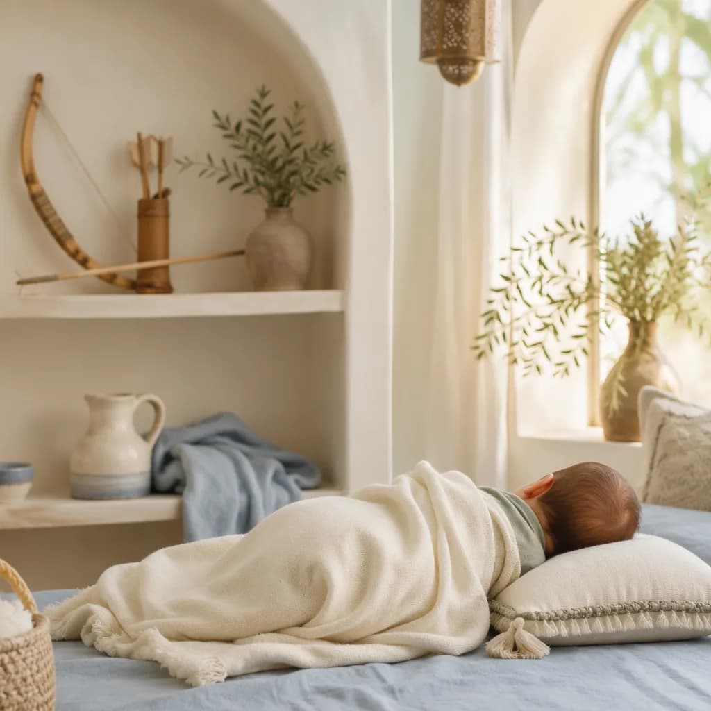 Sleeping baby in a soft Arabic-inspired nursery with gentle symbolic decor.