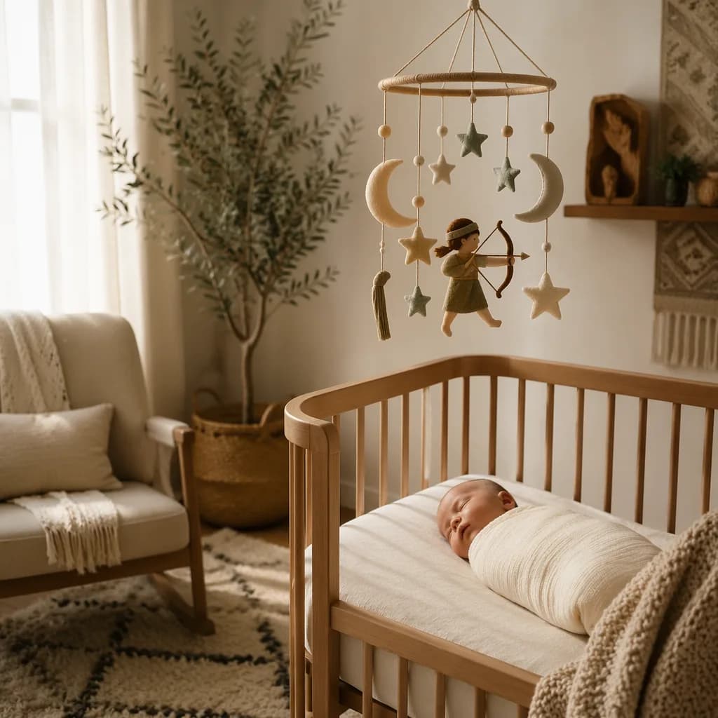 A peaceful Arabic-inspired nursery with a swaddled baby, crescent moon and star mobile, and warm pastel decor.