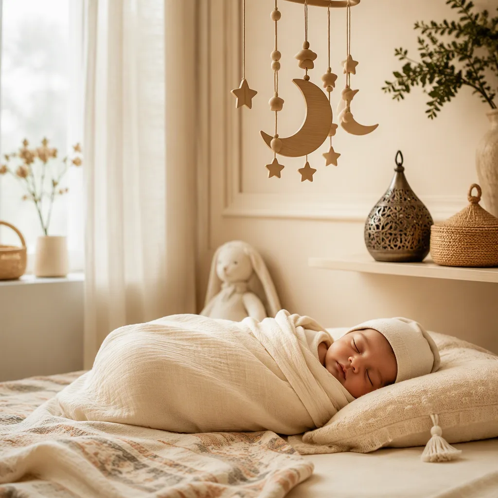 Sleeping baby in a warm pastel Arabic-inspired nursery with cozy handcrafted decor