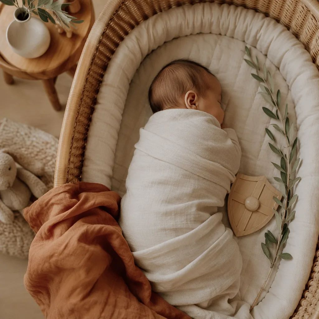 A softly lit pastel nursery with a swaddled sleeping baby, olive branch, and wooden toy shield.