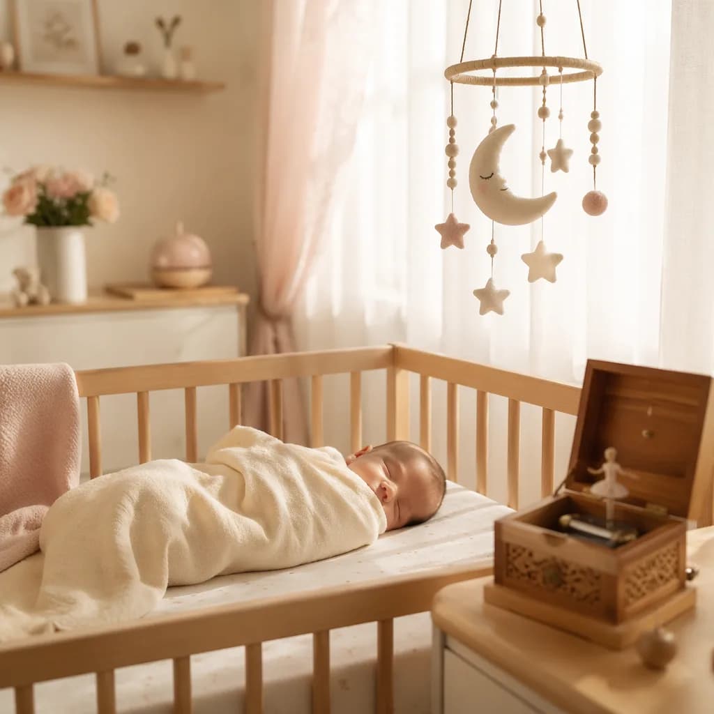 Soft pastel nursery with a sleeping baby and music box, evoking the Arabic name Raneem.