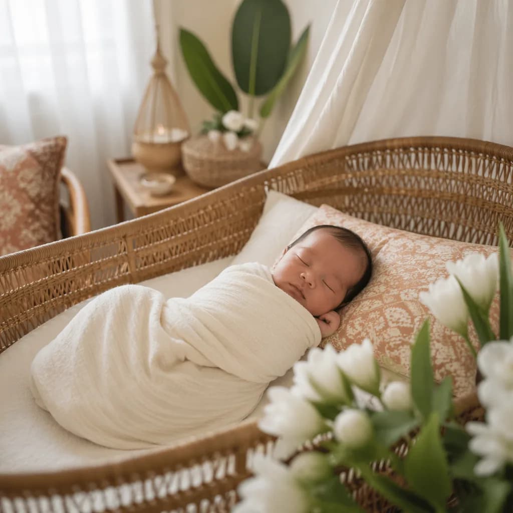 Peaceful Indonesian newborn in a soft pastel nursery with rattan and floral accents.