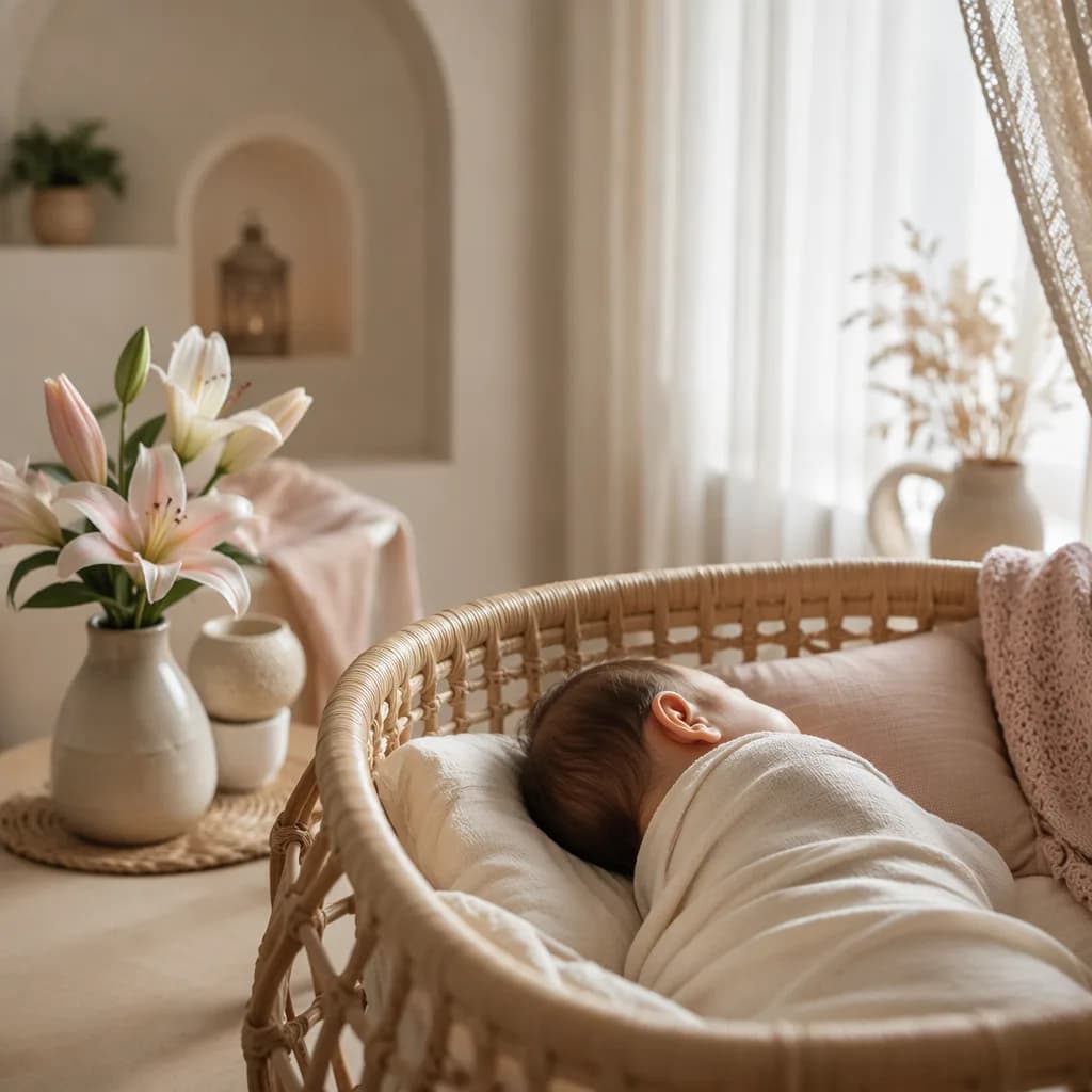 Soft pastel nursery with a swaddled baby and delicate lilies in gentle natural light.