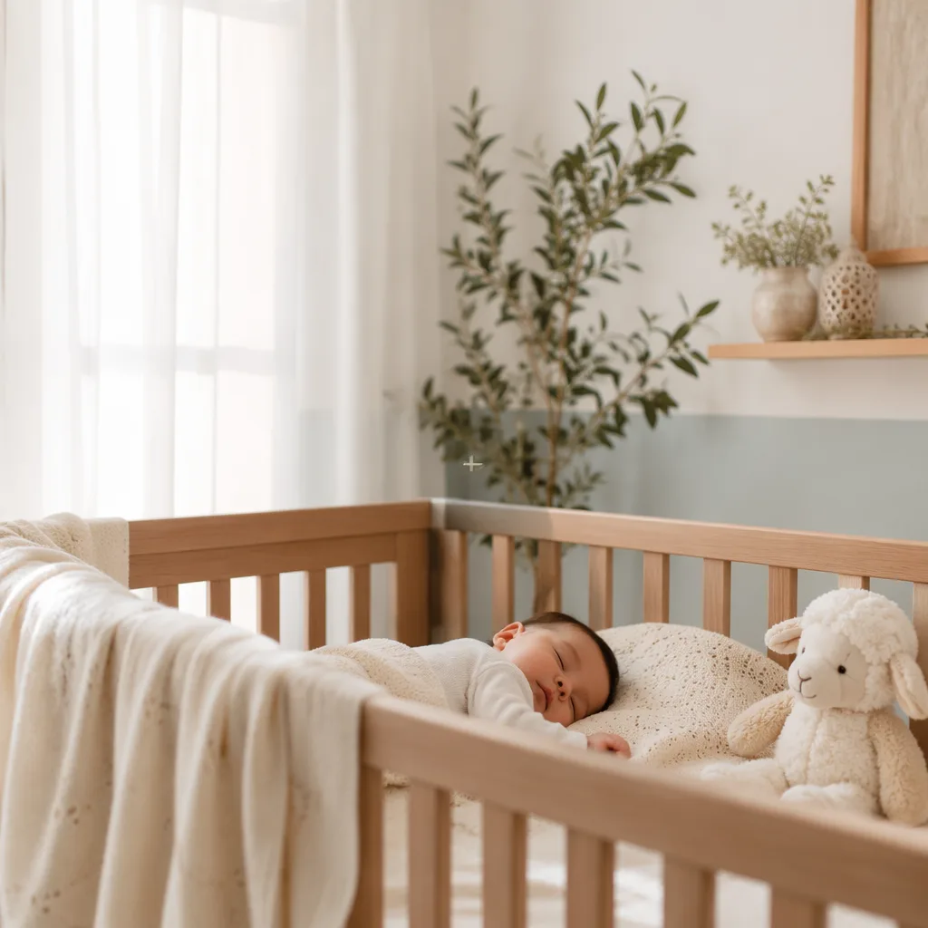 Soft pastel nursery with a sleeping baby and lamb plush in gentle natural light