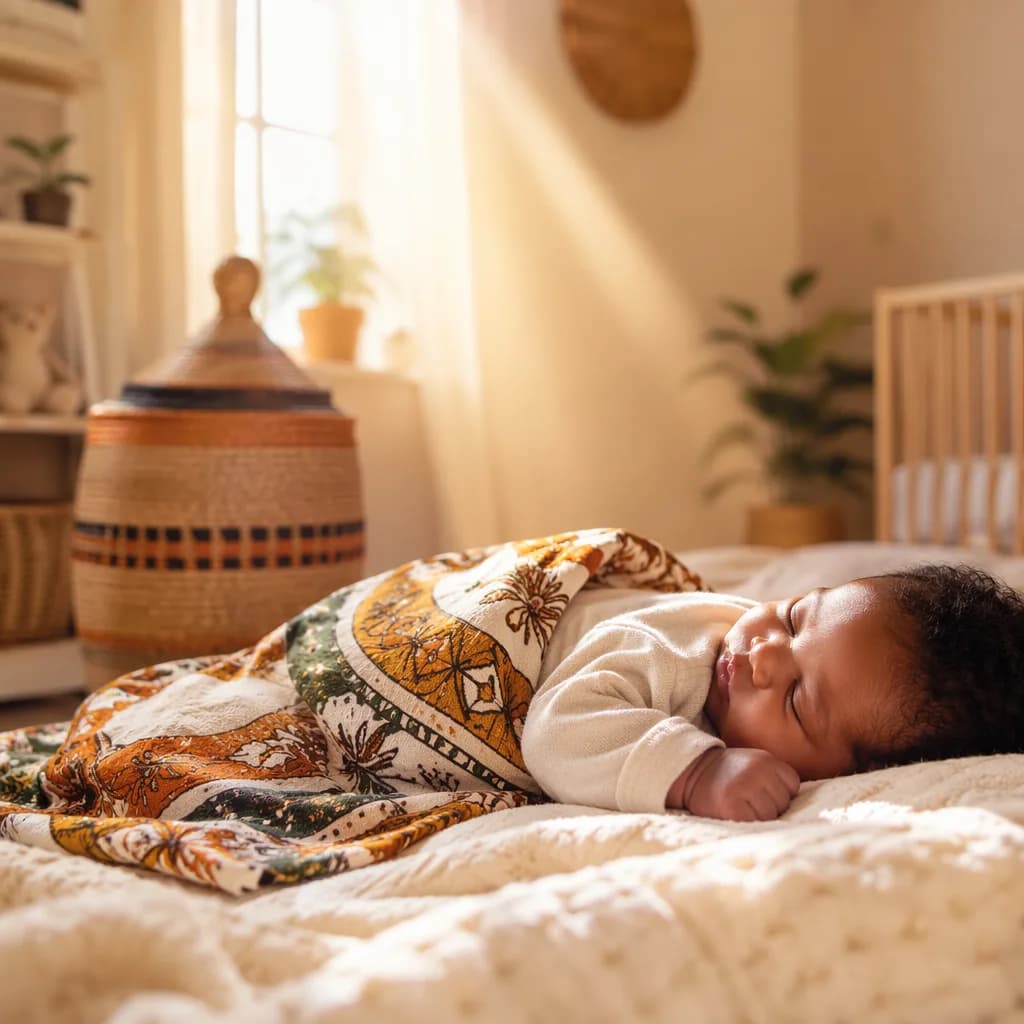 Peaceful newborn in a softly lit Swahili-inspired nursery with woven textures.