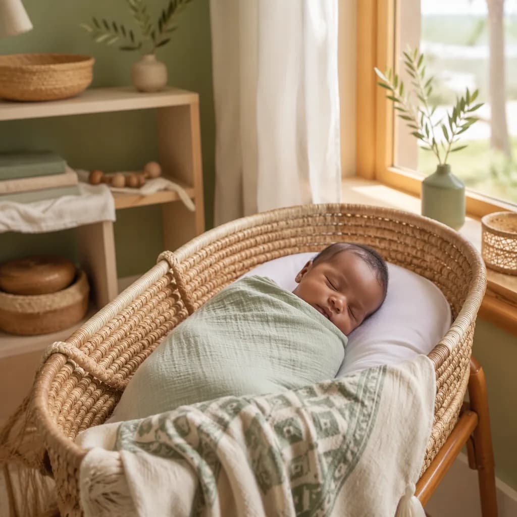 A swaddled newborn in a warm, softly lit nursery with woven details symbolizing blessing and guidance.