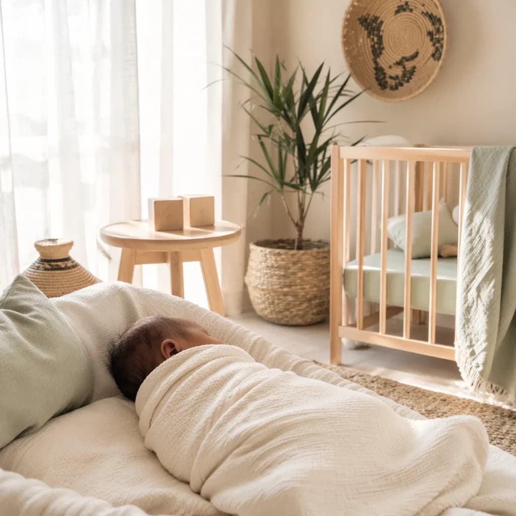 Soft pastel nursery scene with a peacefully swaddled baby and warm natural light.