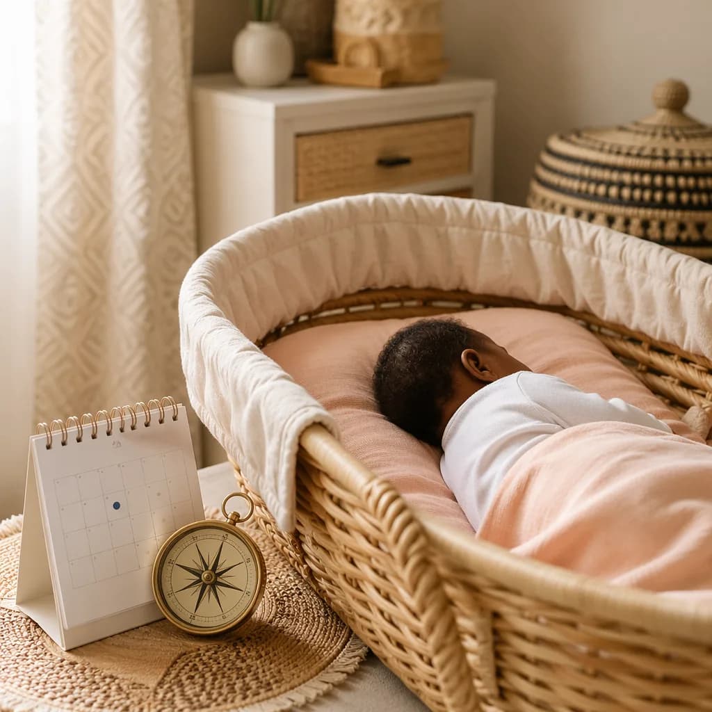A peaceful baby nursery with a sleeping baby, woven textures, and soft morning light.