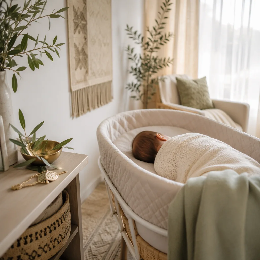 A peaceful Arabic-inspired nursery with a sleeping baby and soft pastel decor.