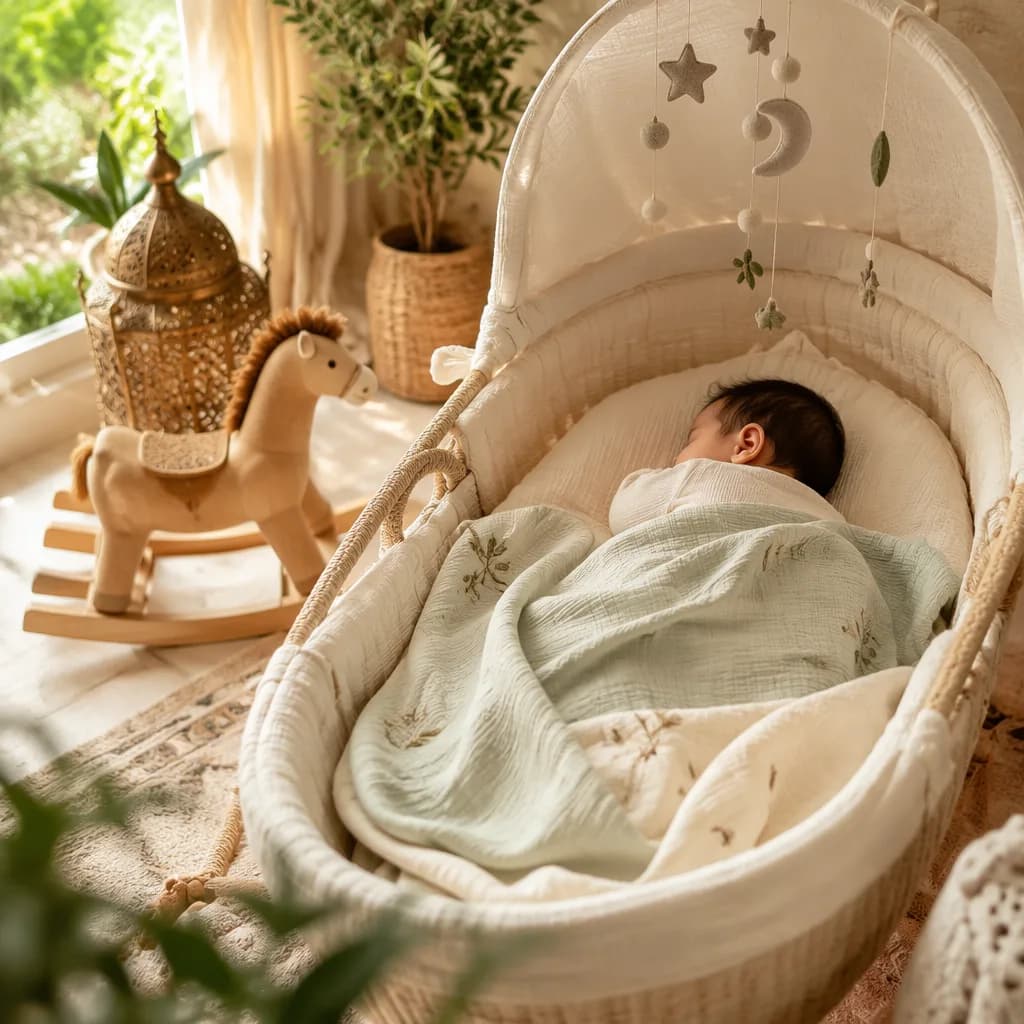 Sleeping newborn in a soft pastel nursery with greenery and a wooden rocking horse.