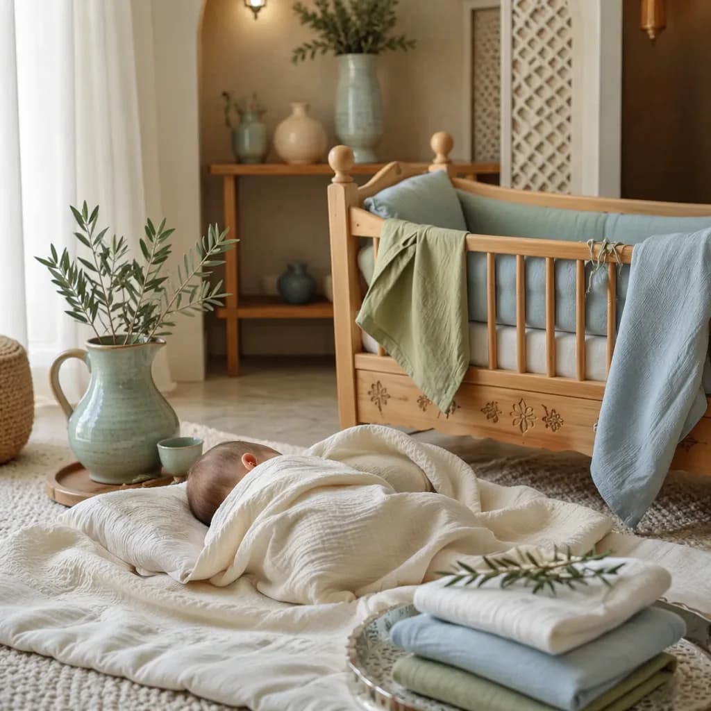 A peaceful baby nursery with a swaddled sleeping infant, soft pastels, greenery, and a small water pitcher.