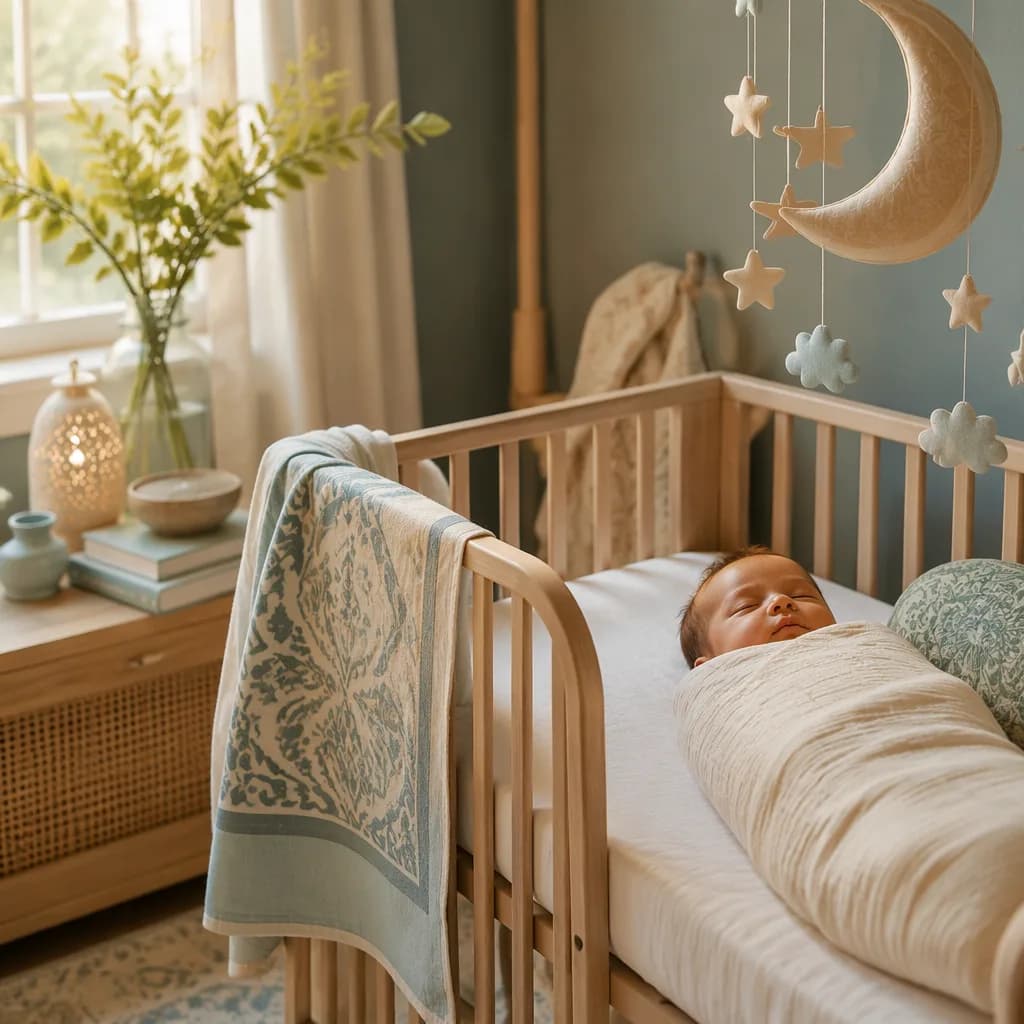 Sleeping baby in a soft pastel Urdu-inspired nursery with gentle natural light