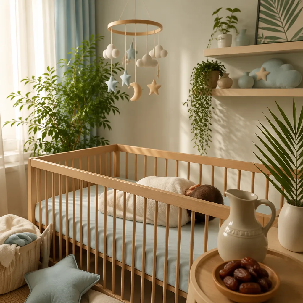 Soft pastel Arabic-inspired nursery with a swaddled sleeping baby and gentle greenery.