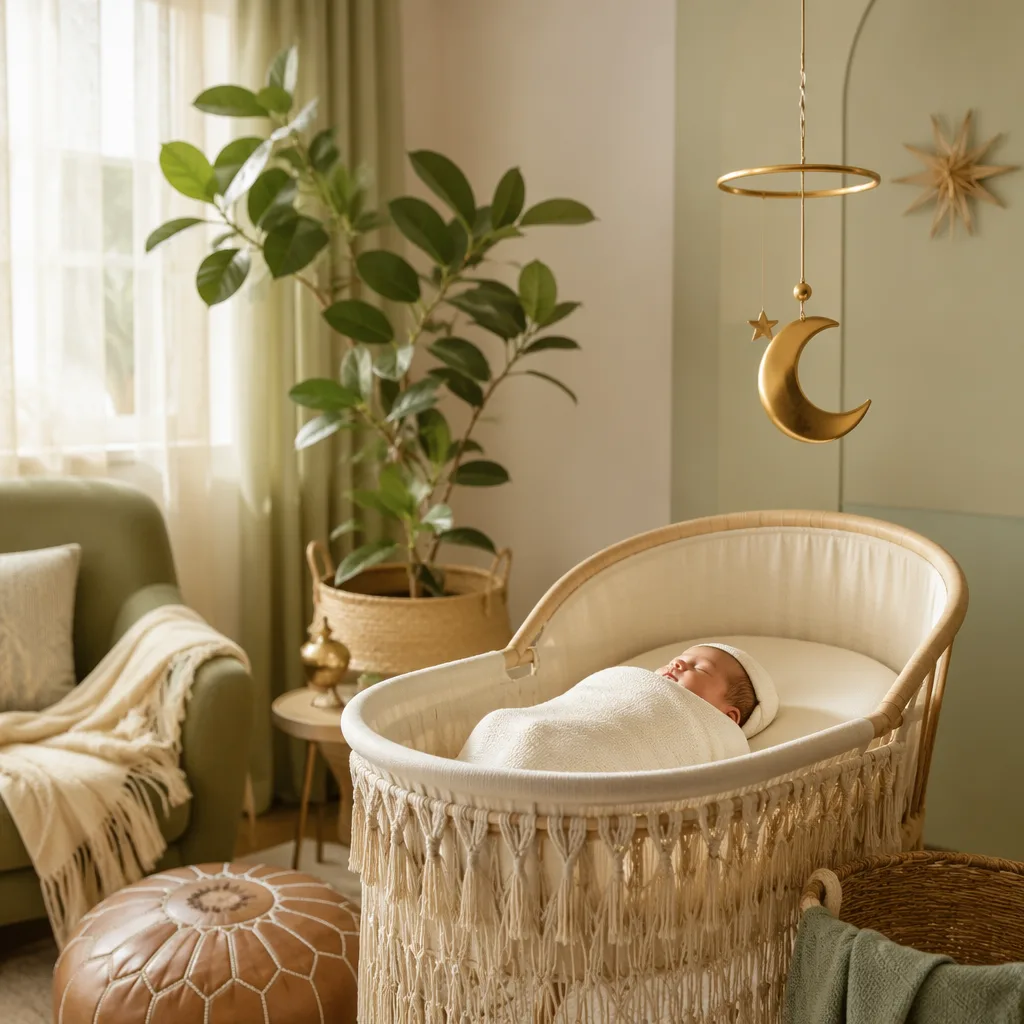Soft sunlit Arabic-inspired nursery with a sleeping baby, greenery, crescent mobile, and star details.