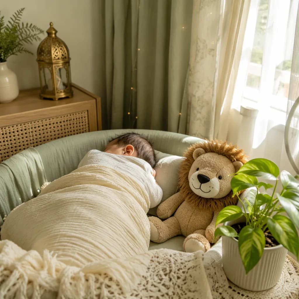 Sleeping baby in a soft nursery with a plush lion and leafy plant.