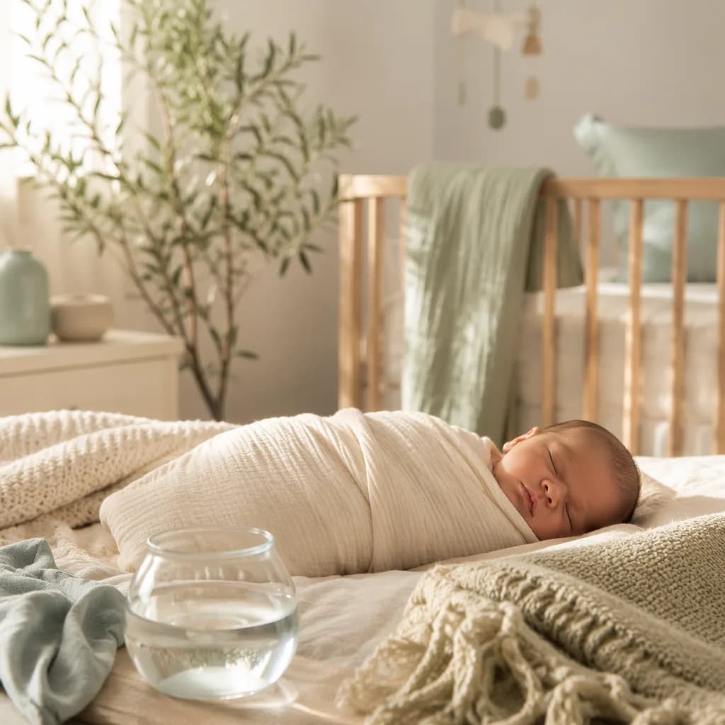 Sleeping baby in a warm pastel nursery with soft greenery and natural light.