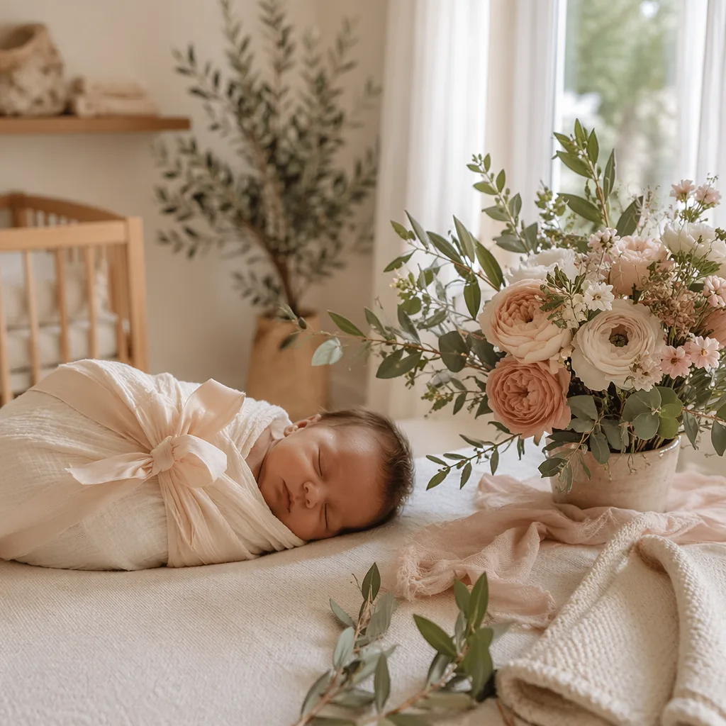 Sleeping baby in a soft pastel nursery with delicate flowers and greenery.