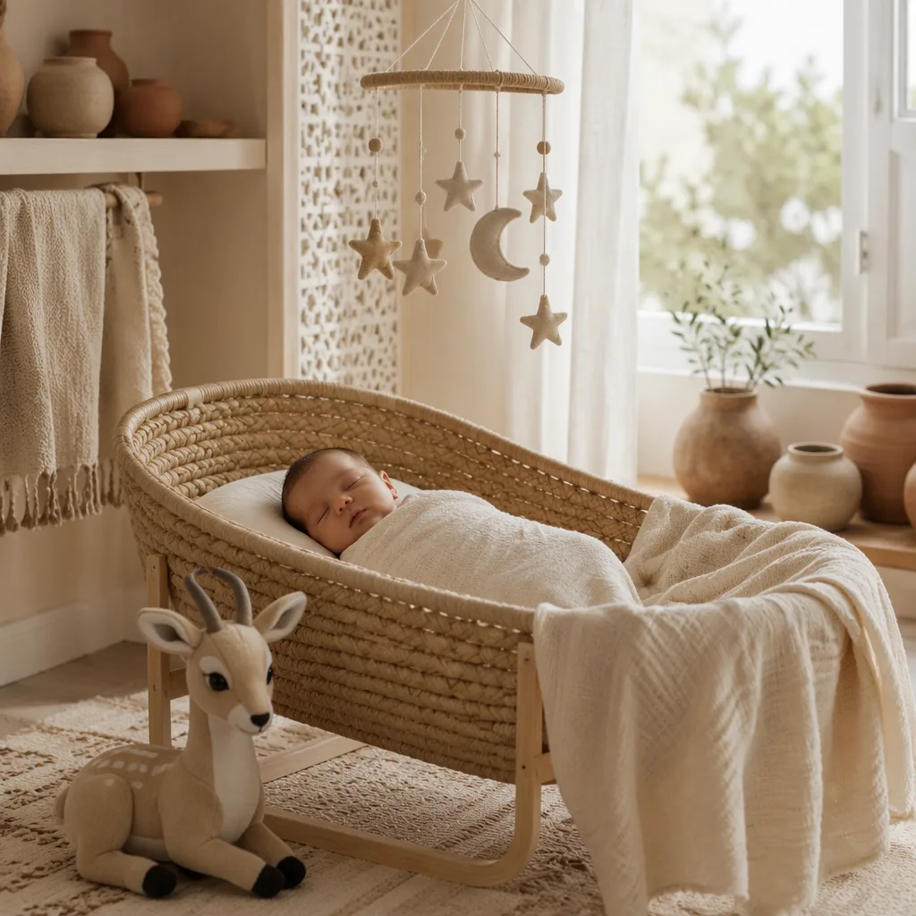 Sleeping newborn in a soft pastel nursery with a gazelle toy, ceramic accents, and moon-and-star mobile.
