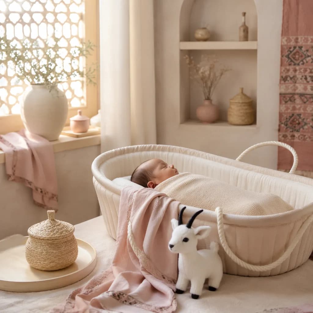 Peaceful pastel nursery with a swaddled baby and a plush white gazelle.
