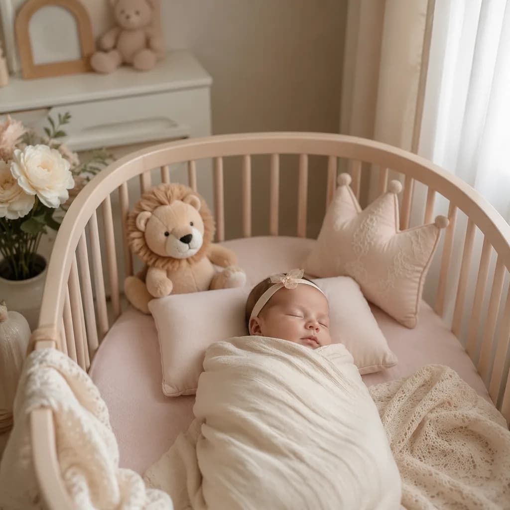 Sleeping newborn in a soft pastel nursery with a crown pillow and plush lion.