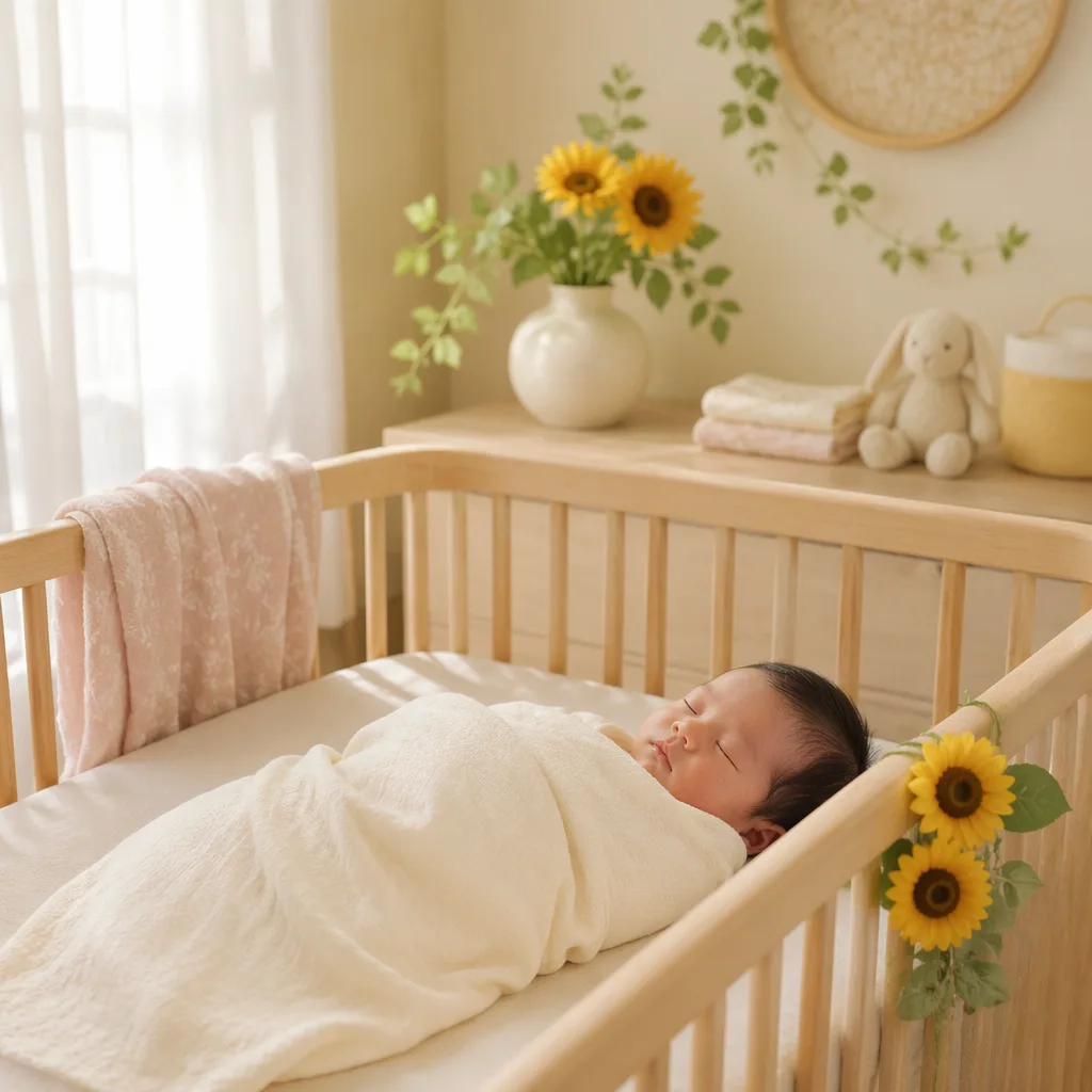 Sleeping baby in a soft pastel Japanese-inspired nursery with gentle sunflower accents.