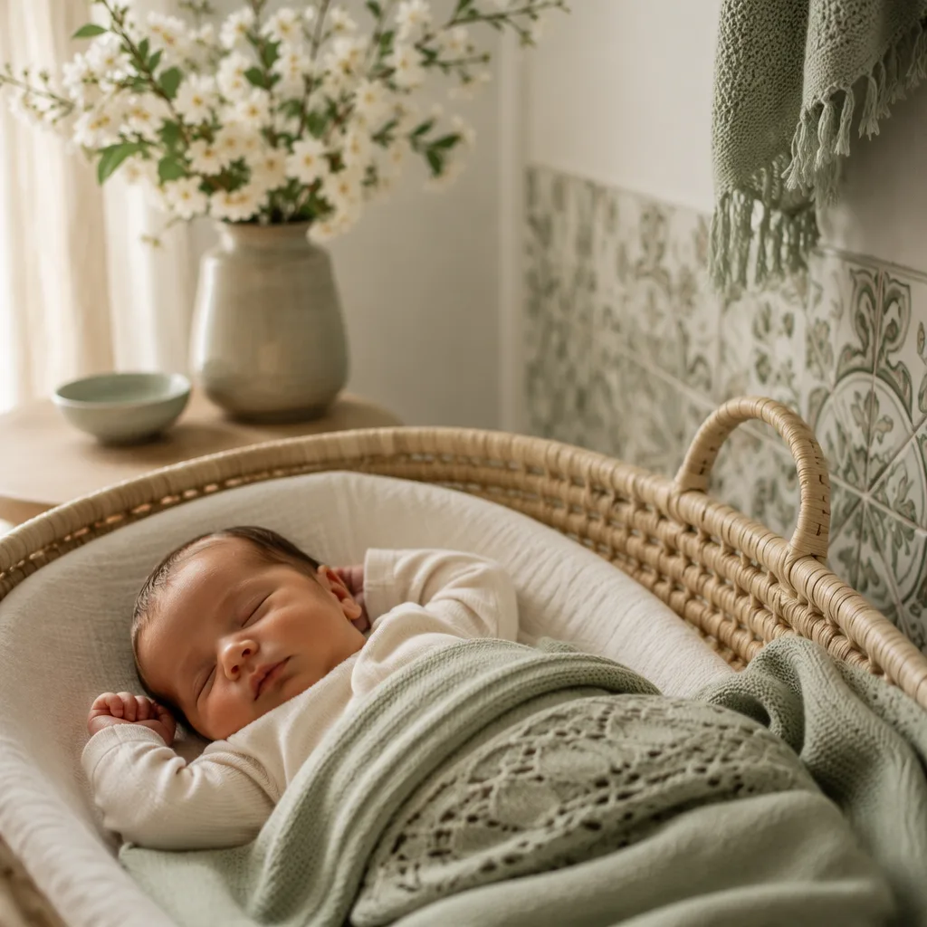 Peaceful newborn in a soft pastel nursery with fresh blossoms symbolizing renewal.
