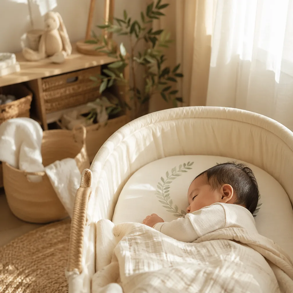Filipino baby sleeping in a cozy pastel nursery with soft sunlight and laurel accents.